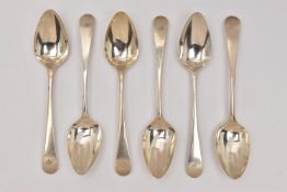A SET OF SIX GEORGIAN SILVER DESSERT SPOONS, Old English pattern spoons, each engraved to the