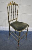 AN ITALIAN BRASS CHIAVARI CHAIR, with a shaped crest, turned spindle style backrest and legs, united