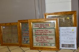 FOUR 19TH CENTURY NEEDLEWORK SAMPLERS PRODUCED BY A MOTHER AND HER DAUGHTER, the older two were made
