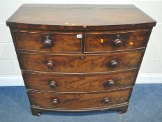 A VICTORIAN MAHOGANY BOW FRONT CHEST OF TWO SHORT OVER THREE LONG DRAWERS, width 103cm x depth