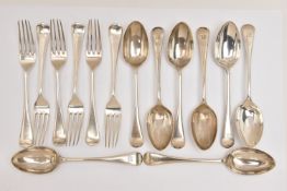 EIGHT SILVER OLD ENGLISH PATTERN DESSERT SPOONS AND SIX MATCHING FORKS, each with engraved initial