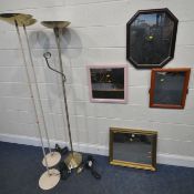 FOUR WALL MIRRORS, varying in shape, size, style, etc, along with three standard lamps, condition