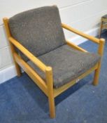 POSSIBLY LUCIAN ERCOLANI, A MID CENTURY BEECH MODULA ARMCHAIR, with fabric upholstery, width 61cm
