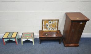 A MODERN CD RACK, width 39cm x depth 42cm x height 82cm, a rectangular stool, two geometric