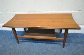 POSSIBLY RICHARD HORNBY, A MID-CENTURY TEAK COFFEE TABLE, with concave ends, raised on square