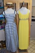 TWO LADIES VINTAGE SUMMER DRESSES AND A STRAW BOATER, comprising a blue and white striped ankle