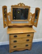 A 19TH CENTURY PINE DRESSING CHEST, with a triple mirror, atop a base with three drawers, width 95cm