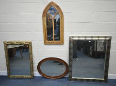 FOUR WALL MIRRORS, varying in shape, size, style, material, etc, largest 121cm x 100cm, condition
