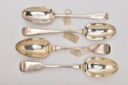 FOUR SILVER TABLESPOONS, to include a fiddle pattern spoon engraved to the terminal, hallmarked '