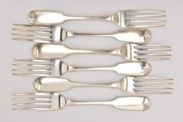 SIX VICTORIAN/GEORGIAN SILVER FIDDLE PATTERN FORKS, four hallmarked 'John Robert Harris' London