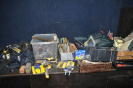 A COLLECTION OF TOOLS IN BOXES AND BAGS including an Irwin tool bag with brand new still packaged