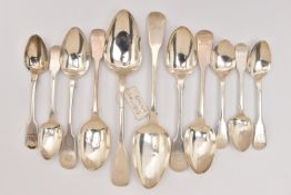 A BAG OF ASSORTED SILVER SPOONS, to include two fiddle pattern tablespoons, engraved to the