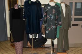 A QUANTITY OF LADIES' AND GENTLEMEN'S CLOTHING, to include men's suits, trousers and jackets, brands