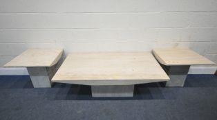 A TRAVERTINE RECTANGULAR TABLE, raised on a rectangular pedestal, length 140cm x depth 80cm x height