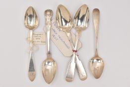 A SMALL ASSORTMENT OF TEASPOONS, to include a pair of George IV, fiddle pattern spoons,