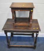 AN EARLY 20TH CENTURY OAK RECTANGULAR TABLE, with repeating geometric patterns, raised on block