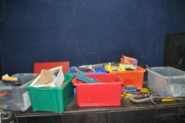SIX TRAYS CONTAINING HAND TOOLS including mallets, hammers, drill bits, saws, Record and Governor