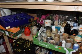 FOUR BOXES AND LOOSE CERAMICS AND GLASSWARE, to include studio pottery sculptures, vases, mugs