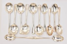 SIX SILVER RAT TAIL PATTERN SOUP SPOONS AND SIX RAT TAIL PATTERN DESSERT SPOONS, twelve in total,