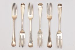 SIX SILVER DUBLIN TABLE FORKS, engraved initials to the reverse on the handles, hallmarked 'John
