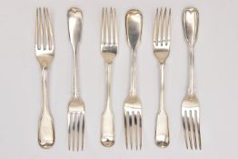 SIX VARIOUS FIDDLE AND THREAD PATTERN SILVER TABLE FORKS, four with engravings of crests or an