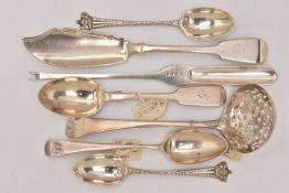A BAG OF ASSORTED SILVER CUTLERY PIECES, to include a lobster pick, fiddle pattern fish knife, Old