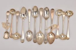 A BAG OF ASSORTED SILVER SPOONS, to include teaspoons, sauce spoons, and salt spoon, all with