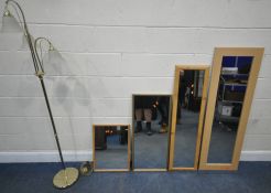 FOUR MODERN WALL MIRRORS, varying in size and style, largest 137cm x 45cm, along with a standard