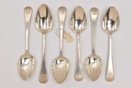 A SET OF SIX GEORGIAN SILVER DESSERT SPOONS, Old English pattern spoons, each engraved to the