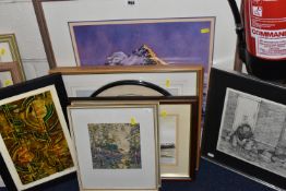 A SMALL QUANTITY OF 20TH CENTURY PICTURES, to include a ceramic panel depicting stylised thistles,