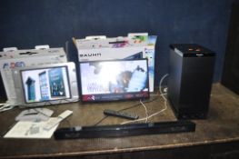 AN AVTEX 15in CARAVAN TV WITH POWER SUPPLY AND REMOTE, a Bauhn TV/DVD combi with power supply and