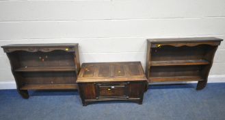 A 20TH CENTURY OAK BLANKET CHEST, width 87cm x depth 43cm x height 49cm, along with a pair of