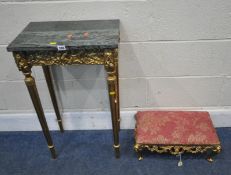 A FRENCH GILT SIDE TABLE, with a green marble top, the frame with a decorative frieze, raised on