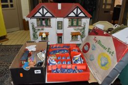 A BOX AND LOOSE TOYS, to include a 1930s dolls house, possibly Triang, a Mattel Thomas the Tank