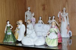A GROUP OF MOSTLY ROYAL DOULTON AND COALPORT FIGURINES comprising ten Royal Doulton figurines to