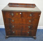 AN EDWARDIAN MAHOGANY CHEST OF TWO SHORT OVER THREE LONG DRAWERS, with a raised back, on ball and