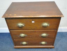 AN EARLY 20TH CENTURY STAINED OAK CHEST OF THREE DRAWERS, raised on castors, width 80cm x depth 52cm