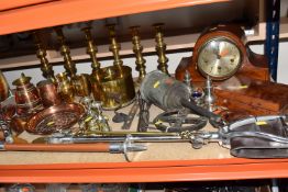 A COLLECTION OF BRASS AND METALWARE to include three pairs of brass candlesticks, a 'John Linwood'