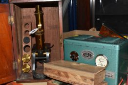 TWO BOXES AND LOOSE VINTAGE ENGINEERING AND SCIENTIFIC EQUIPMENT to include a cased Henry Crouch