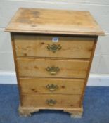 A PINE CHEST OF FOUR DRAWERS, raised on bracket feet, width 55cm x depth 42cm x height 81cm,