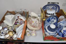 FOUR BOXES AND LOOSE CERAMICS to include a box of assorted blue and white ceramics to include a