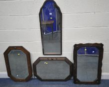 FOUR 20TH CENTURY OAK FRAMED WALL MIRRORS, varying in shape and size, largest 82cm x depth 51cm,