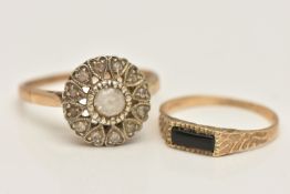 TWO 9CT GOLD RINGS, the first a small onyx set ring, hallmarked 9ct London, ring size I, together