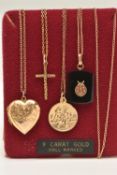 TWO 9CT GOLD PENDANT NECKLACES AND A 9CT BACK AND FRONT HEART LOCKET AND ONE OTHER, to include a 9ct