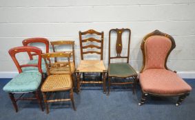 A 19TH CENTURY SPOONBACK CHAIR, with pink foliate upholstery, along with two pairs of chairs, and