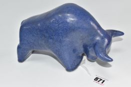 A MID-CENTURY OTTO WEST GERMAN STYLISED BULL SCULPTURE in blue, felt mounted to the feet, height