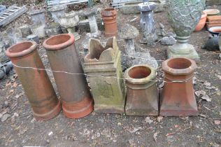 A COLLECTION OF FIVE VINTAGE CHIMNEY POTS, including a pair of terracotta 77cm high etc. Condition
