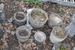 A COLLECTION OF SIX MODERN CONCRETE GARDEN PLANTERS, including a pair of round brickwork effect 30cm