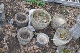 A COLLECTION OF SIX MODERN CONCRETE GARDEN PLANTERS, including a pair of round brickwork effect 30cm