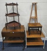 A MID-CENTURY TEAK TWO TIER DROP LEAF TEA TROLLEY, width 73cm x depth 41cm x height 73cm, another